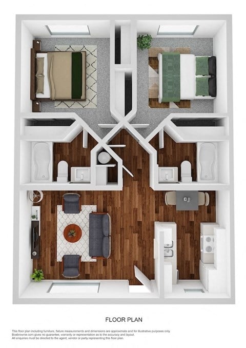 Floor plan for 2 beds, 2 baths, 701 sqft